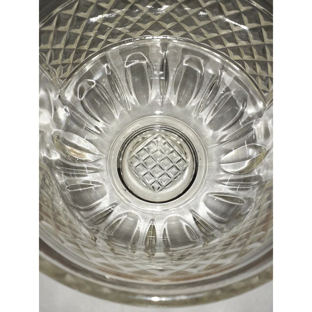Vtg Barware Glass Ice Bucket Diamond w/Rustic Hammered Metal Handle